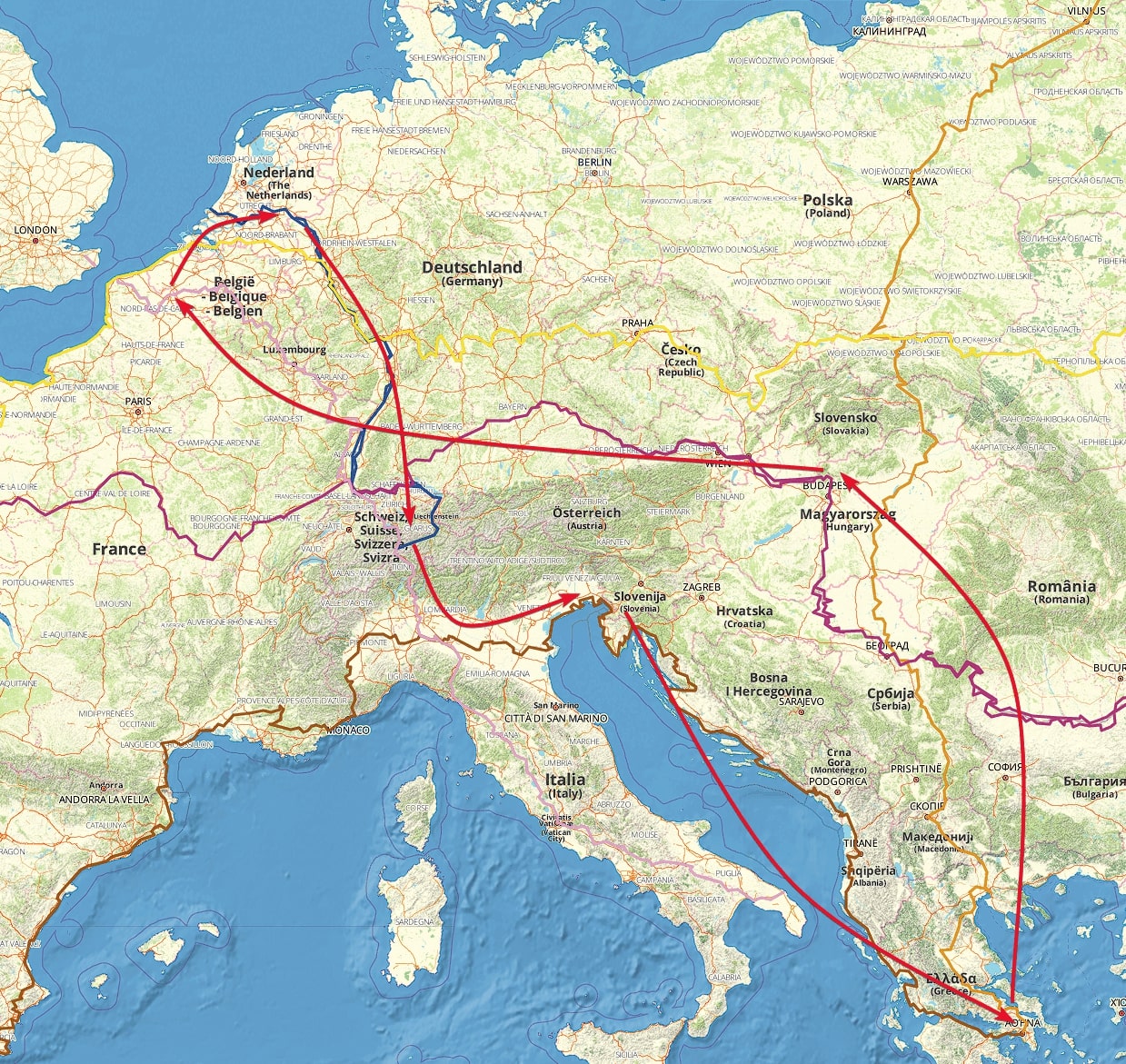 overzichtskaart met EV routes